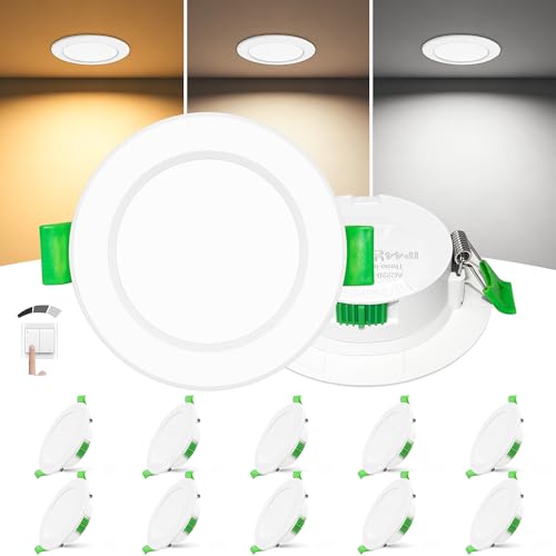 Laiebri Pack de 10 Focos LED Empotrables Extra Planos 25mm, 6W 600LM Regulable 3 Intensidades sin Regulador, 2700K 4000K 6000K, IP44 Ojos de Buey LED Techo, Corte Ø58-68mm 230V, Blanco