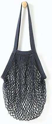 Convenient Portable Shopping Mesh Bag Cotton Net String Bags Reusable Organizer Tote Handbag Fruit Storage Grocery Shopper Woven Shoulder Ecology Produce Bags Long Handle Totes (Black)