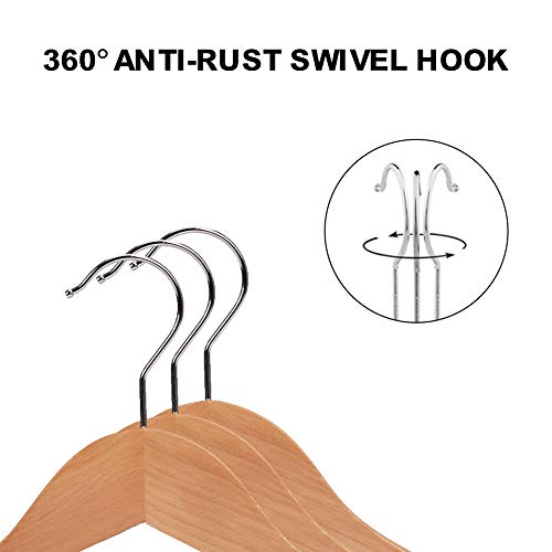 JS HANGER Coat Hanger Wooden Suit Hanger with Non Slip Pants Bar and Cut Notches - Natural, Set of 20