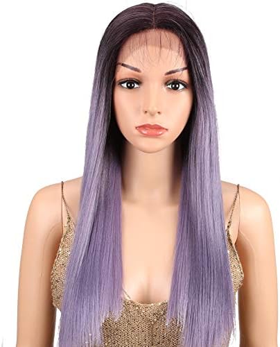 Joedir Lace Front Wigs for Black women Heat Resistant Synthetic Fiber 20" Yaki Straight Wigs Ombre color 130% Density wigs(TT99J/PUR)
