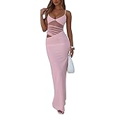 GRMLRPT Women's Sexy V Neck Spaghetti Strap Bodycon Maxi Dress Backless Mesh Cut Out Cocktail Long Formal Dresses,Pink,L
