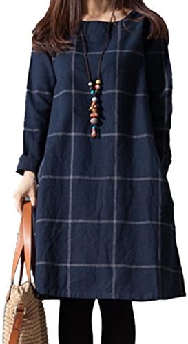 Women's Casual Big Grid Cotton&Linen Loose A-line Dress