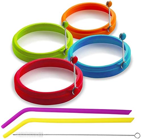 Eggssentials Silicone Egg Ring Set for Frying Eggs and Pancakes| Egg Rings Mold Comes with 2 Bonus Silicone Straws and Cleaner| BPA Free