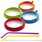 Eggssentials Silicone Egg Ring Set for Frying Eggs and Pancakes| Egg Rings Mold Comes with 2 Bonus Silicone Straws and Cleaner| BPA Free