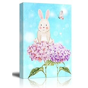 Canvas Wall Art - Hand Drawn Cartoon Rabbit and Butterfly with Flower - Giclee Print Kid
