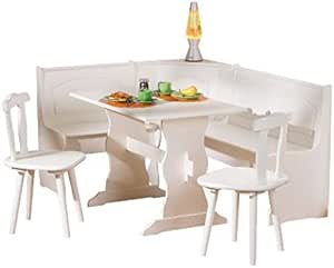Juego de comedor de color blanco y madera de pino, incluye un banco