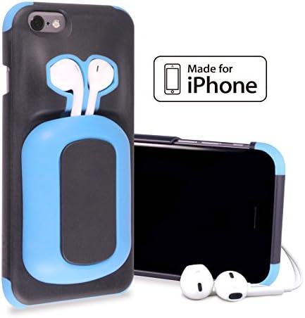 *NEW* Apple iPhone 6 / 6s Case Cover. Built-in Headphone Earpod Earphone Earbud Storage Holder. Shock Absorbing and Protective Bumpers. (BlueOcean/Black)