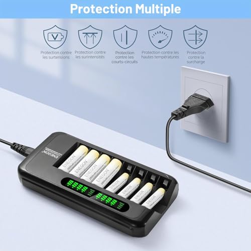 ENEGON AA AAA Rechargeable Battery Charger with LCD Display - 8 Independent Slots - Smart Ni-MH/Ni-CD Fast Charger with Protection - 100-240V AC Adapter