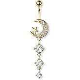 Pierced Owl 14GA 316L Stainless Steel Crescent Moon with Triple Dangling CZ Crystals Belly Button Ring