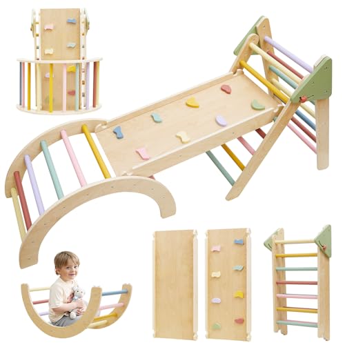 7in1 Pikler Triangle Set, Pikler Triangle Climbing Toys Set for Toddlers, Wooden Toddler Climbing Toys Indoor Playground, Foldable Montessori Climbing Set with Arch&Ramp&Ladder, Jungle Gym for Kids