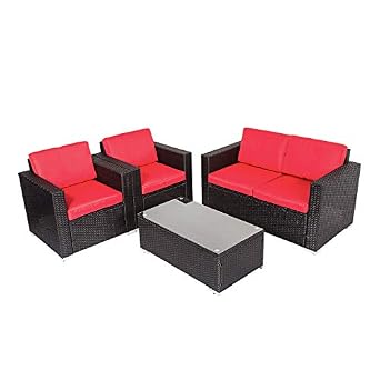 Amazon Com Kinbor 4 Pcs Rattan Patio Outdoor Furniture Set Garden Lawn Sofa Sectional Set Black Red Industrial Scientific
