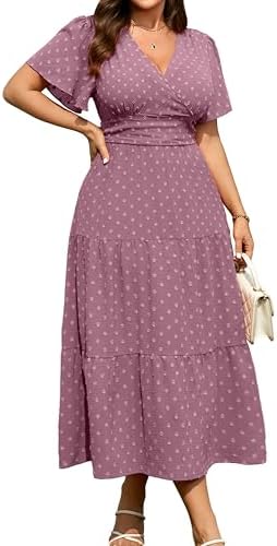 plus size purple polka dot dress Kamemir Plus Size Dresses for Women Womens Square Neck Polka Dot Short Sleeve Ruffle Swing Dress(Z-Purple,M), Women's, Size: Medium, Beige