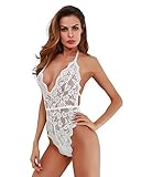 gagaopt One Piece Lingerie Lace Bodysuit Deep V Neck Halter Babydoll Underwear White