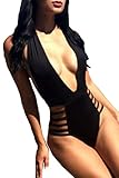 Happy Sailed Women's Modern Plunge Neck Strappy Backless Teddy Swimsuit