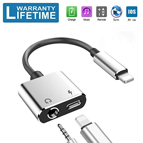 Headphone Adapter for iPhone X Adapter 3.5mm Jack 2 in 1Dongle for iPhone Xs Max/XR/8/7/7 Plus Earphone Aux Adapter Accessories Splitter Adaptor Charger Cables & Audio Connector Support All iOS-Silver