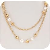 Long Gold Layering Necklaces for Women Fashion Pearls Two Tone Choker Statement Necklace Trendy Large Round Beads Jewelry Link Chain Accessories Gifts