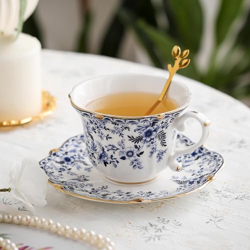 2PCS 250ml Tea Cup and Saucer Set, 8oz Floral Blue Porcelain Coffee Cups for Tea, Cappuccino, Latte, Elegant Vintage Bone China Tea Set for Home or Gift