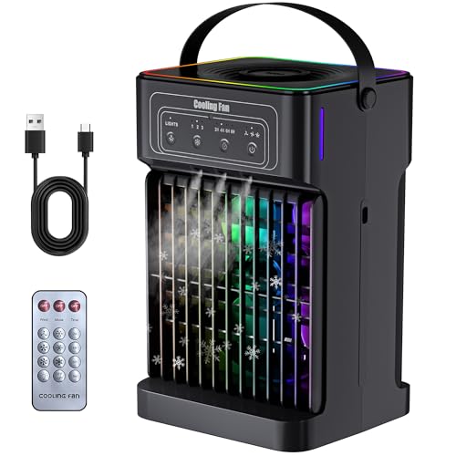Portable Air Conditioners, 2026 Upgraded 4-IN-1 Quiet Portable AC Unit with Remote, 1100ML Tank Evaporative Air Cooler, 7 Color Light Personal Mini Air Conditioner for Bedroom,Office, Camping, Car,RV
