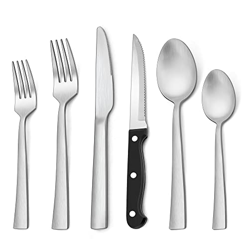 LIANYU 48Piece Matte Silverware Set with Steak Knives, Stainless Steel