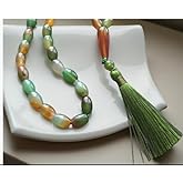 Natural Aqeeq Peacock Stone Tasbih 33 Beads – Oval Islamic Prayer Beads Misbaha Subha – Handmade Muslim Dhikr Rosary with Green Tassel – Spiritual Gift for Ramadan, Eid & Hajj