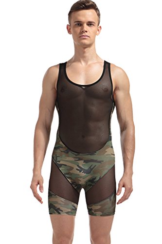 Barsty Men's Slim Stretch Mesh Lingerie Bodysuit Jumpsuits Bodywear Underwear XL Camouflage