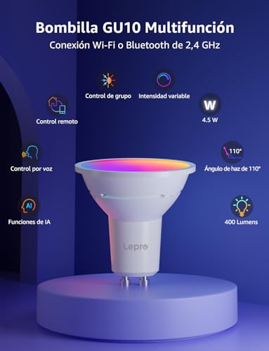 Lepro BG1 AI Foco Inteligente LED GU10, Regulable RGB+CW (Cambio de Color y Blanco), Compatible con Alexa y Google Assistant, Control por Voz y Sincronización de Música, Gestionado por App
