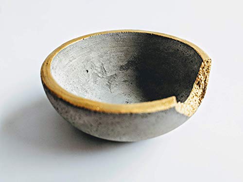 Gold Rim Small Decorative Cement Concrete Bowl for Ring and Jewelry Storage, 3 inch