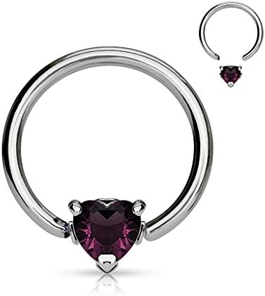 14G 1/2" Captive Bead Ring With Solitaire Heart CZ Stone. Multiple Clors Available! (Sold Individually) (14G, Purple, 1/2")