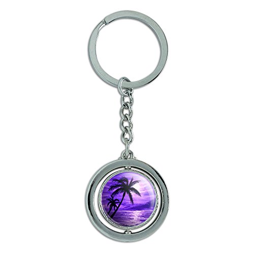 Sunset Beach Palm Tree Hawaii Paradise Purple Spinning Round Metal Key Chain Keychain Ring