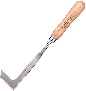 Chiloskit Stainless Steel Wood Handle Crack Weeder Weeding Sickler Weed Puller Weeder Tool Machete Hook Knife Yard Lawn Tool (Wood Hand)