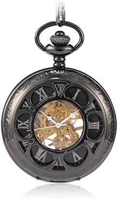 Sinopic Hand Wound Pocket Watch for Men with Vintage Silver Roman Numerals Skeleton Black Dial