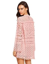 SheIn Vestido de manga acampanada de encaje con pompón de ganchillo para mujer