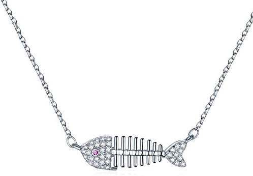 Roseate Platinum-Plated S Silver CZ Fishbone Pendant Necklace with Purple Rhinestone, 18"