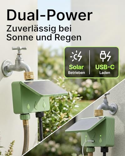 EZAIoT Irrigation Computer WLAN Solar for Garden, 2-Way | Smart Watering Timer with Flow Meter, No Hub Required, Brass Inlet, App & Voice Control (Alexa/Google)