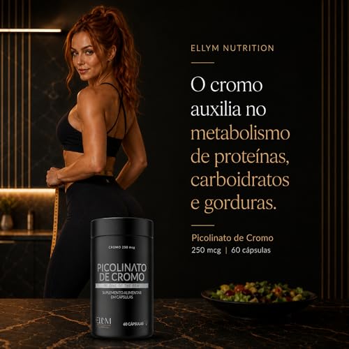Picolinato De Cromo 250mcg Puro 60 Cápsulas ELLYM NUTRITION Auxilia No Metabolismo De Proteínas, Carboidratos E Gorduras