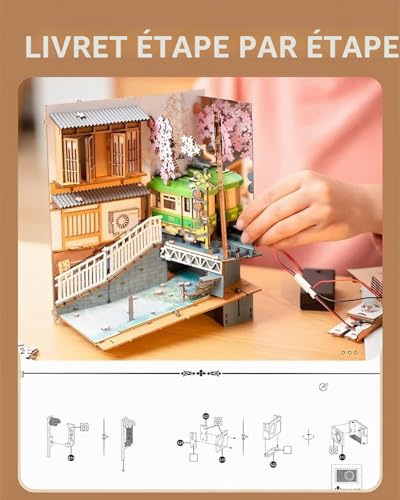 Rolife Sakura Densya DIY Book Nook Model Kit Miniature House Building DIY Model Adult Bookcase Decoration Book Living Room Booknook Puzzle 3D Wood Bookends Diorama (TGB01)