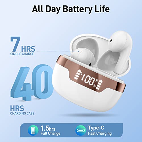 Wireless Earbuds, Bluetooth 5.3 Headphones 40Hrs Playback Clear Call, Bluetooth Earbuds IP7 Waterproof Earphones with LED Power Display, Ultra Light Wireless Earphones Built-in Mic Stereo for Workout