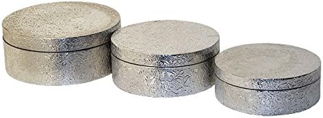 Chaandhi Kar Silver Metal Embossed Circular Hat Boxes - set of 3