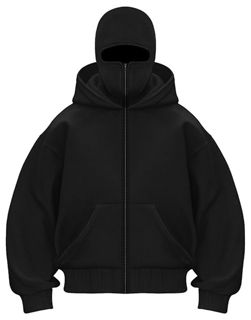 Photo 1 of EUDOLAH Balaclava Jacket Zip Up Fashion Double Layer Hoodie Hip Hop Outerwear Jacket Y2K Clothing for Men and Women(L,Black)