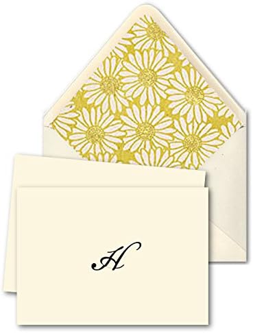 K DESIGNS - HAND MADE STATIONERY - FOLD OVER NOTE CARDS &amp; DESIGNER ENVELOPES (Lined By Hand With Elegant Hand Made Specialty Paper) – Single Letter Monogram Fold Over Note Cards [Fancy Script Design: Letter "H"] - Crafted By Hand, This Lovely Personalized Stationery Set Includes 10 Fold Over Note Cards Beautifully Finished With The Indicated Letter And 10 Designer Envelopes – Envelopes Have Been Carefully Lined By Hand With Elegant Hand Made Specialty Paper With A Gorgeous Yellow And White Daisy Style Design/Pattern With Exquisite Gold Accents And A Delightful Texture - Sure To Give A Polished Look And Feel To Your Correspondence - Available In Each Letter Of The Alphabet - Simply Select The Stationery With The Letter That Matches Your Initial [From The K Designs Collection Of Music Themed Personal / Social Stationery]