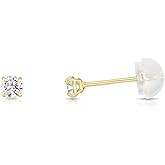 14k Yellow Gold Solitaire Round Cubic Zirconia Stud Earrings with Silicone Pushbacks