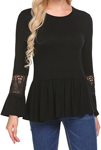 Women Lace Splice Long Bell Sleeve Peplum Blouse Shirt Tops