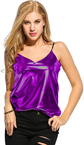 Lomonstore Women Sexy V Neck Sleeveless Adjustable Straps Shiny Tank Tops Party Top for Women