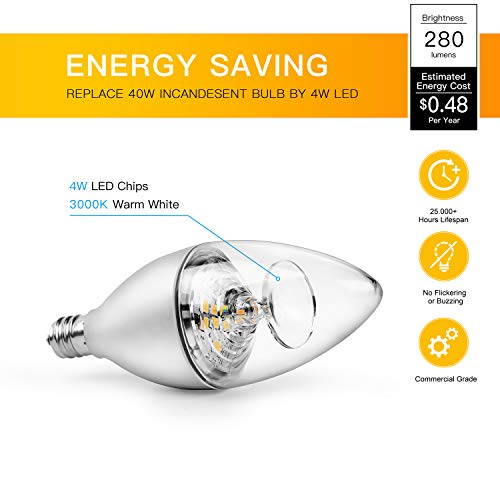 HENLIX E12 Candelabra LED Bulbs, 40 Watt Equivalent, 3000K Warm White B11 LED Candelabra Base, Non-Dimmable, Clear, 12 Pack - Thumbnail 2