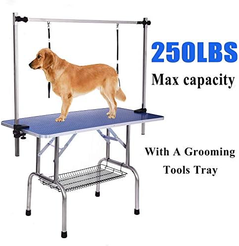 Gelinzon Pet Grooming Table for Large Dogs - Adjustable Height Folable Portable Trimming Stand Drying Table w/Arm/Noose/Mesh Tray, Maximum Capacity Up to 330 LB