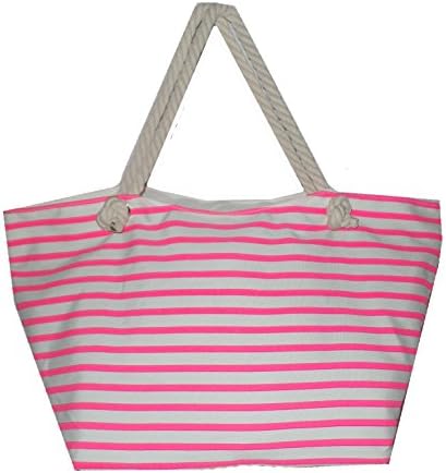 Large High Fashion Print Beach Tote Bag and Rope HandlesCan Be Personalized (Blank, Fuschia Stripes)