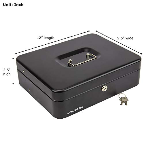 Black Steel Cash Box with Safe Key Lock | Tiered Money Coin Tray and Bill Slots | Portable and Compact | 2 Keys | Metal Lockable Storage Box for Change, Petty Cash, Fundraiser, Garage Sale