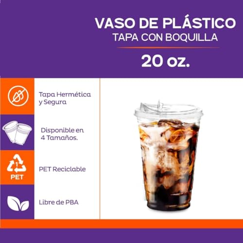 ROSE IMPACT Vasos Transparentes 20 oz con Tapa Tipo Boquilla para Bebidas Frías – Packs de 50 Vasos Resistentes con Tapa Incluida (50, 20oz)