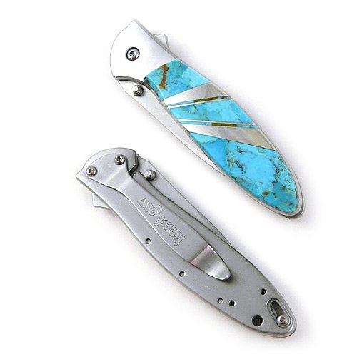 Santa Fe Stoneworks Kershaw Leek American-Made Folding Pocket Knife with Artisan-Crafted Natural Turquoise Stone Handle - Thumbnail 2