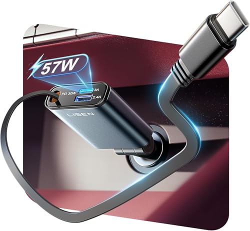 Chargeur Voiture Allume Cigare USB C,Chargeur 3-en-1 57W avec Câble Rétractable, Accessoire Voiture Interieur Cabriolet pour iPhone 17 16 15 Air Pro Max Samsung S25 S24 Ultra Xiaomi 14T 15